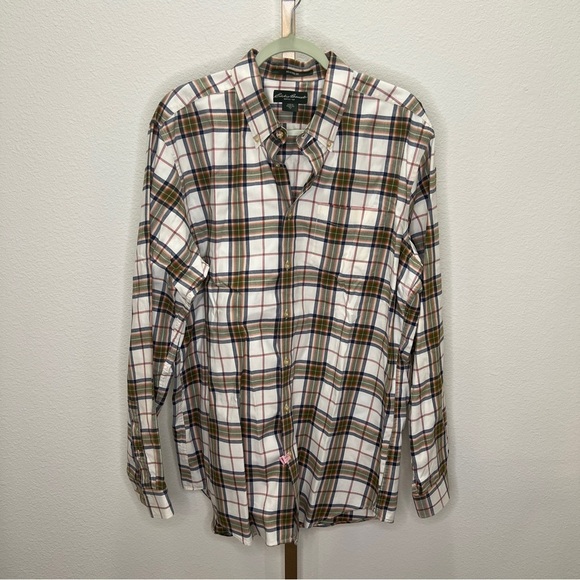Eddie Bauer Long Sleeve Button Down Shirt Cream Blue Plaid Large Tall - Picture 1 of 8